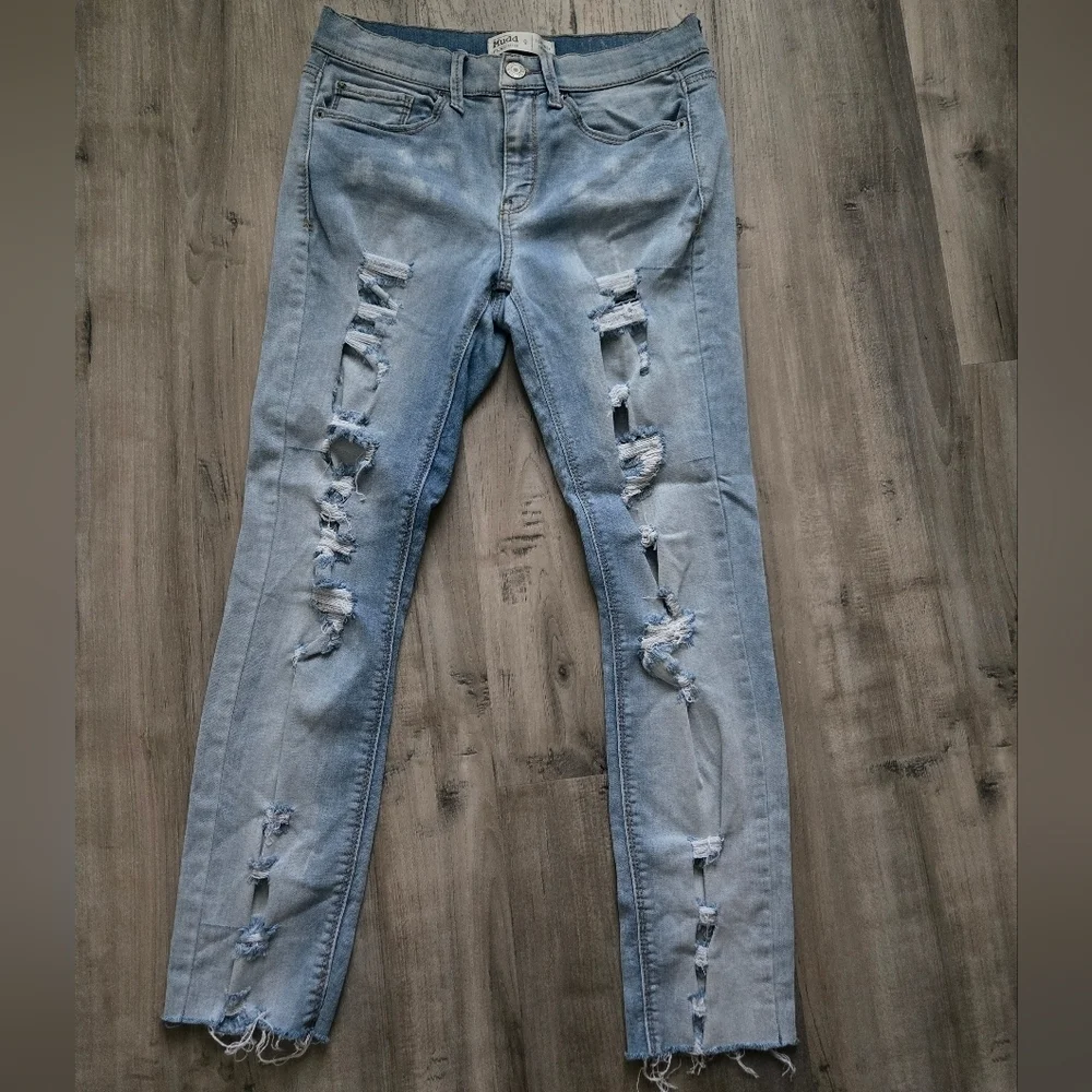 Mudd FLX Stretch Light Wash Low Rise Skinny Ripped Distressed Jeans Junior 9 - Picture 4 of 10